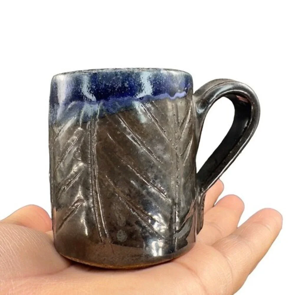 Vintage 1987 Salt‎ Glaze Stoneware Pottery Small Coffee Cup Mug With Flower Sign